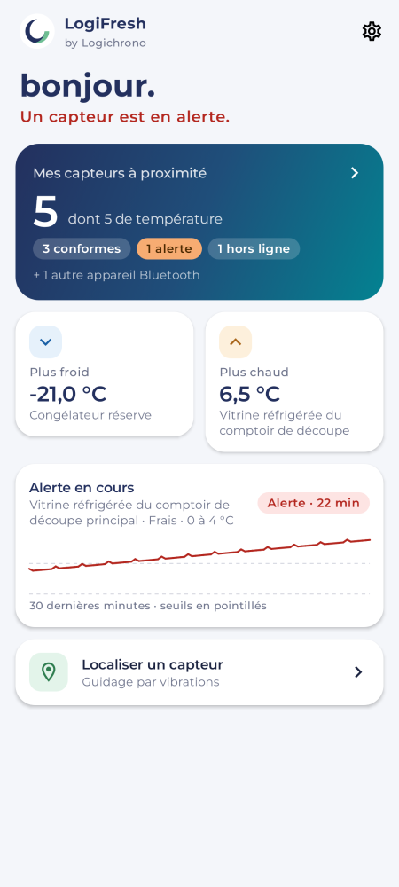 Écran d'accueil de l'application LogiFresh : 5 capteurs à proximité, une alerte en cours sur une vitrine réfrigérée